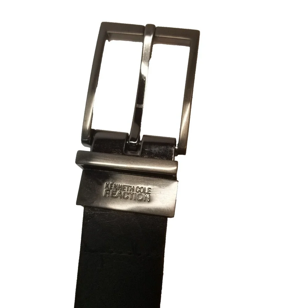 Kenneth Cole Reaction Mens Black Italian Leather Belt‎ Brushed Silver Buckle 38